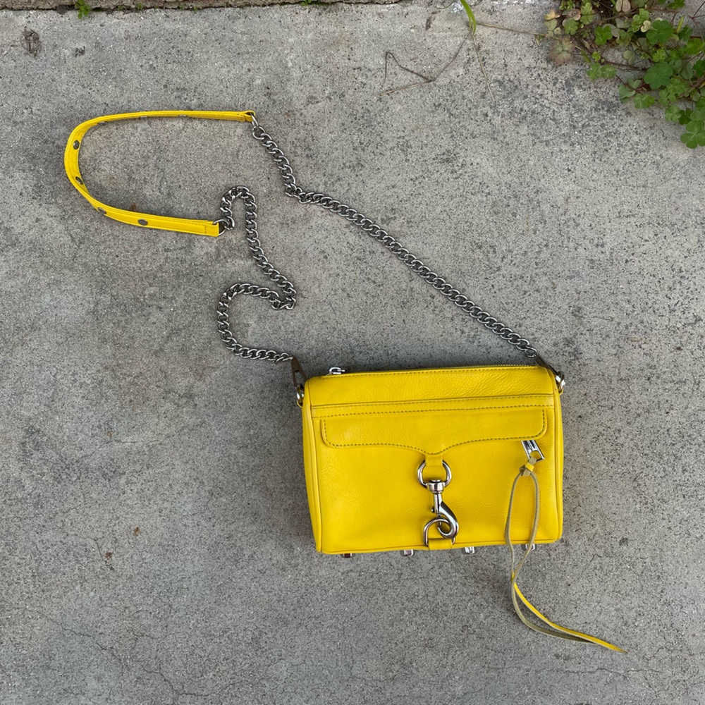 Canary Yellow Leather 5 Zip, Silver Chain Crossbody